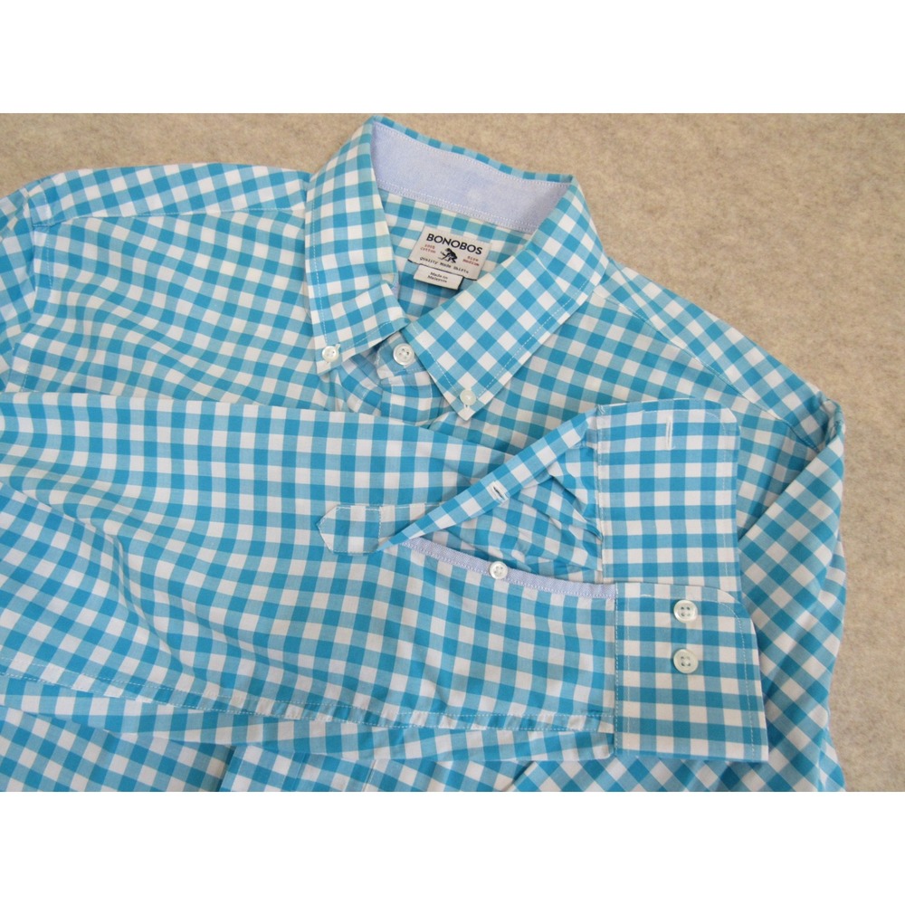 Bonobos Mens Medium Standard Fit Gingham Button Down Shirt Turquoise Blue White